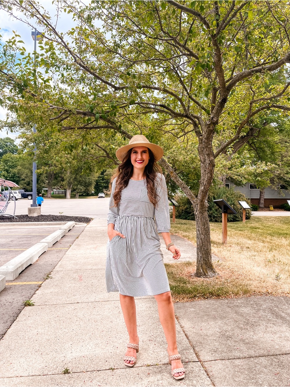 Striped Long Sleeve Midi Dress in White and Black